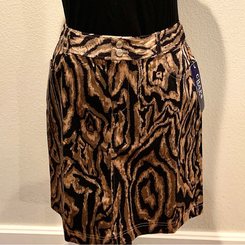 Chaps Black and Brown Animal-Print Midi Skirt with Double Button Waist